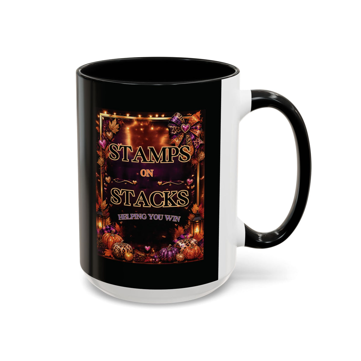 Stamps on Stacks Accent Coffee Mug — Autumn Pumpkin & Leaves Fall Coffee Cup (11/15oz)