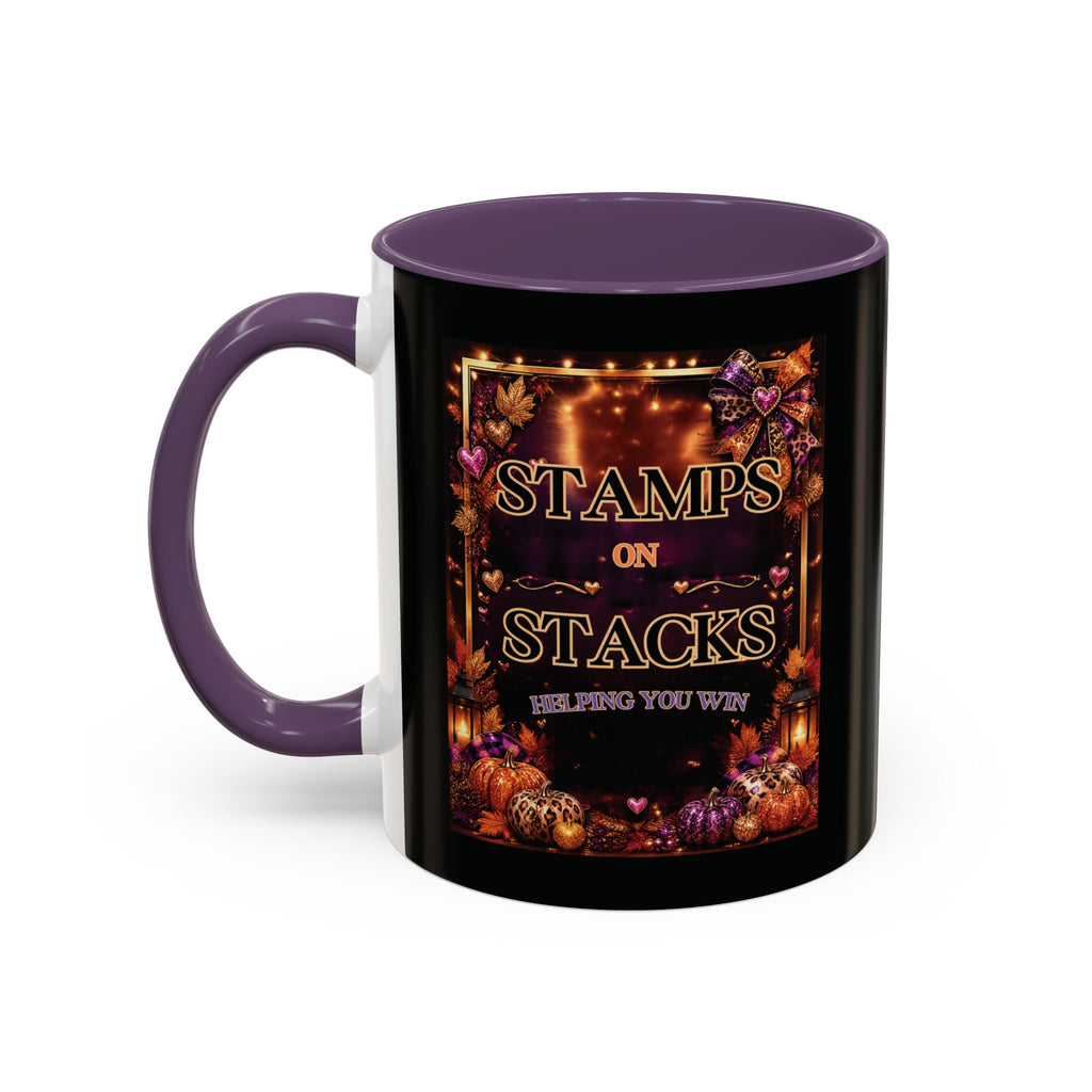 Stamps on Stacks Accent Coffee Mug — Autumn Pumpkin & Leaves Fall Coffee Cup (11/15oz)