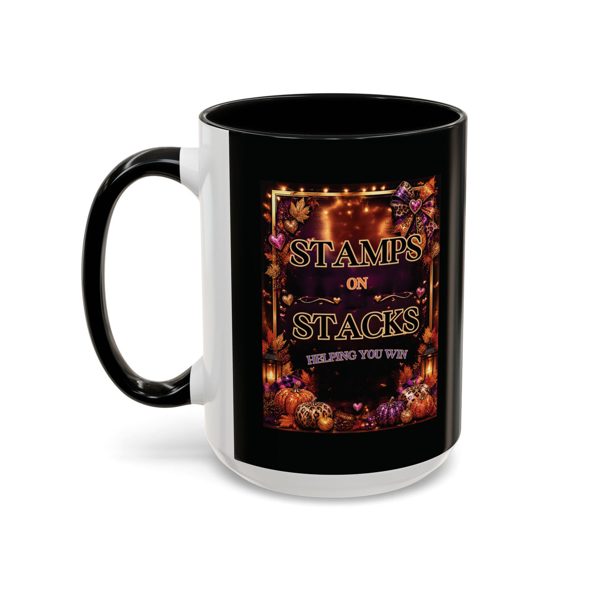 Stamps on Stacks Accent Coffee Mug — Autumn Pumpkin & Leaves Fall Coffee Cup (11/15oz)