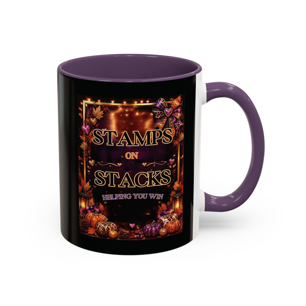 Stamps on Stacks Accent Coffee Mug — Autumn Pumpkin & Leaves Fall Coffee Cup (11/15oz)