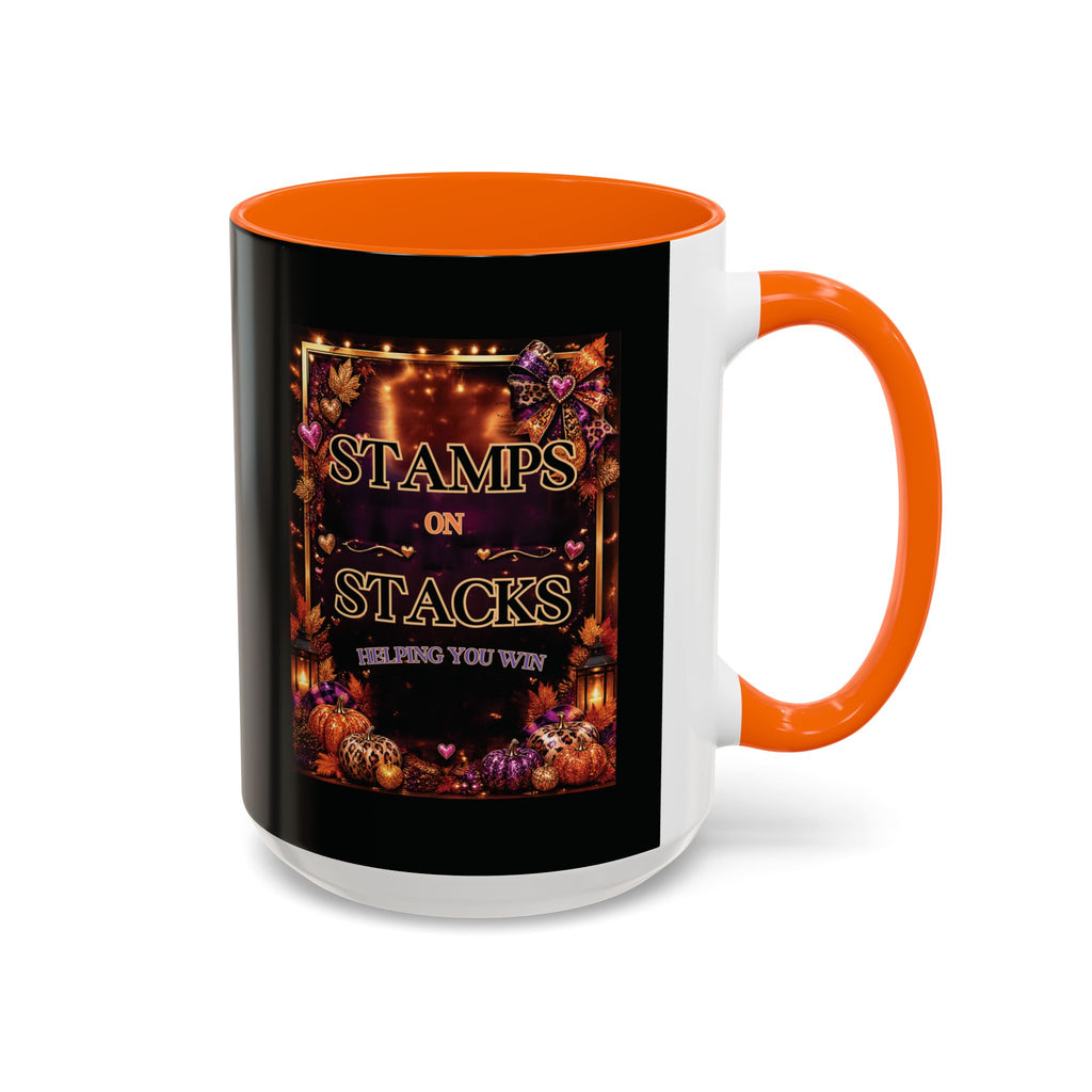 Stamps on Stacks Accent Coffee Mug — Autumn Pumpkin & Leaves Fall Coffee Cup (11/15oz)