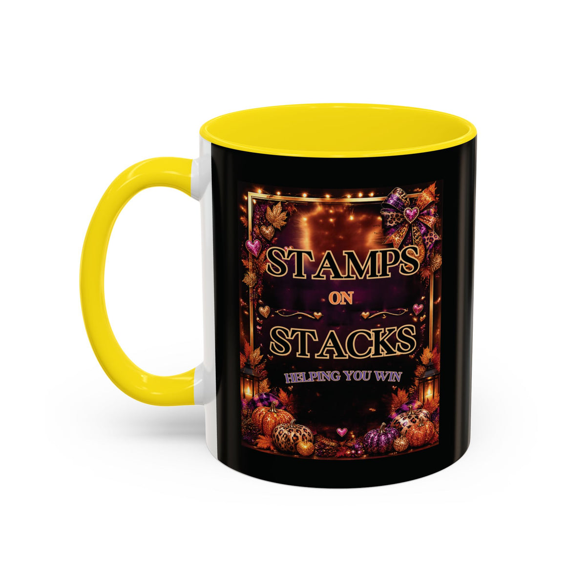 Stamps on Stacks Accent Coffee Mug — Autumn Pumpkin & Leaves Fall Coffee Cup (11/15oz)