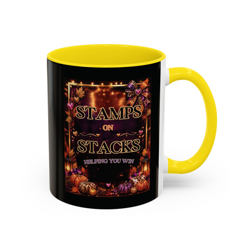 Stamps on Stacks Accent Coffee Mug — Autumn Pumpkin & Leaves Fall Coffee Cup (11/15oz)