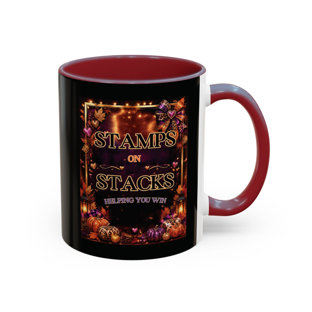 Stamps on Stacks Accent Coffee Mug — Autumn Pumpkin & Leaves Fall Coffee Cup (11/15oz)