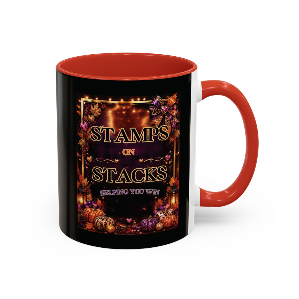 Stamps on Stacks Accent Coffee Mug — Autumn Pumpkin & Leaves Fall Coffee Cup (11/15oz)