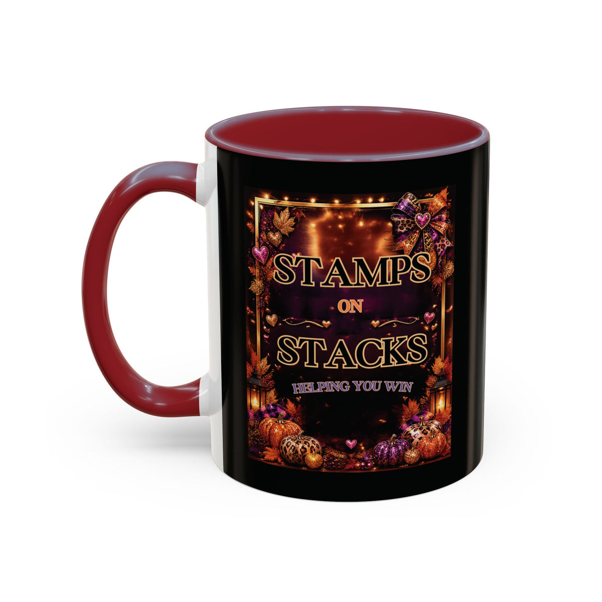 Stamps on Stacks Accent Coffee Mug — Autumn Pumpkin & Leaves Fall Coffee Cup (11/15oz)