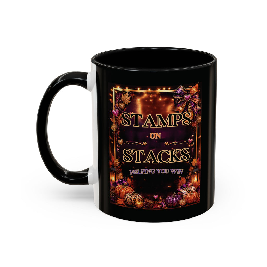 Stamps on Stacks Accent Coffee Mug — Autumn Pumpkin & Leaves Fall Coffee Cup (11/15oz)