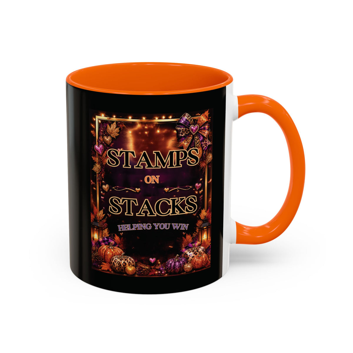 Stamps on Stacks Accent Coffee Mug — Autumn Pumpkin & Leaves Fall Coffee Cup (11/15oz)