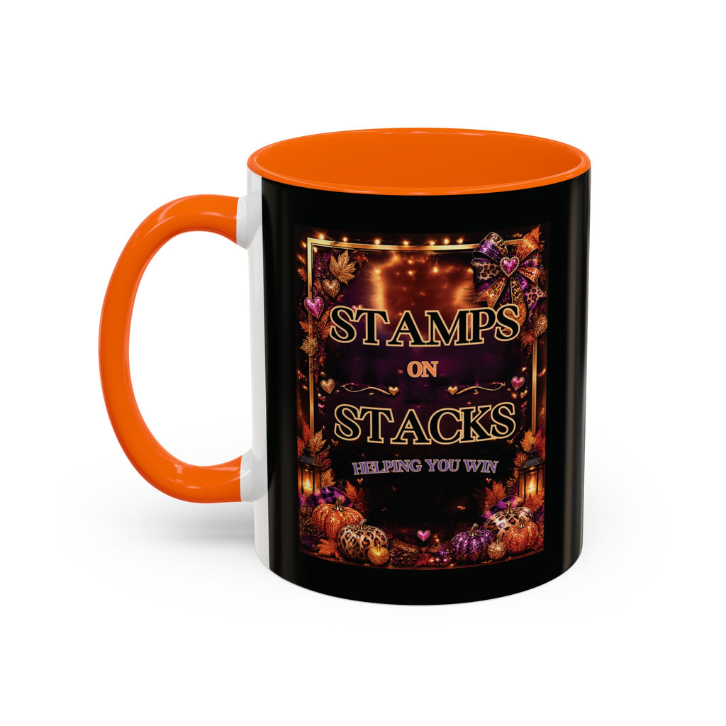 Stamps on Stacks Accent Coffee Mug — Autumn Pumpkin & Leaves Fall Coffee Cup (11/15oz)